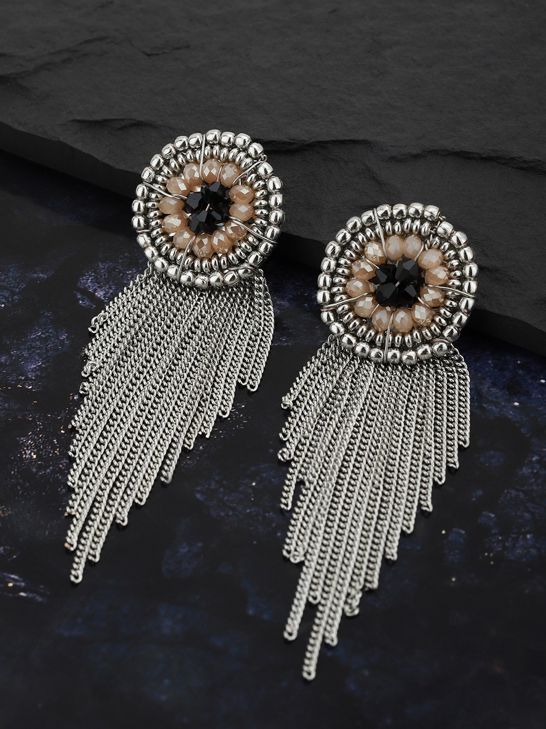 

Carlton London Silver-Toned Rhodium-Plated Beaded & Tasselled Circular Drop Earrings