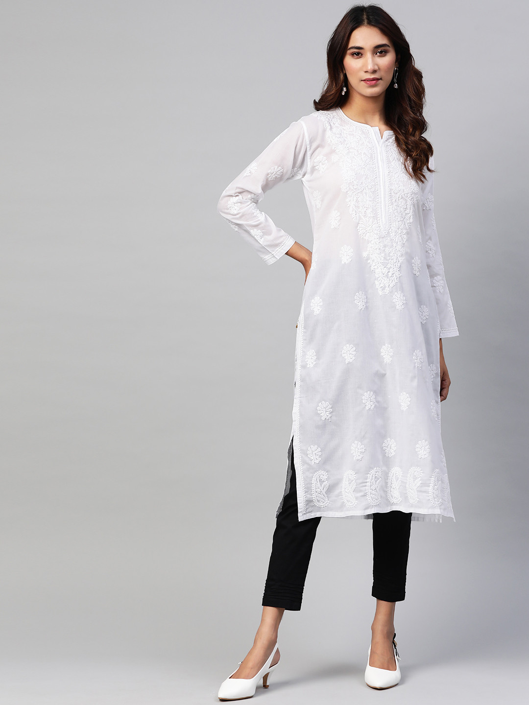 

ADA Women White & Black Chikankari Embroidered Sustainable Handloom Kurta with Trousers