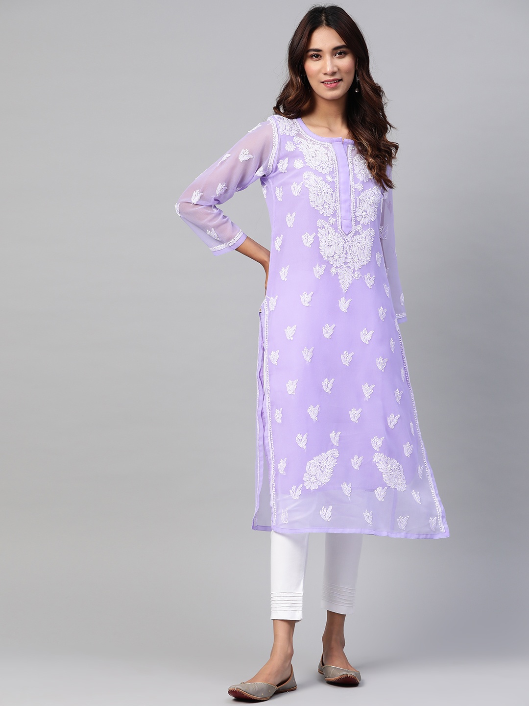 

ADA Women Lavender & White Chikankari Embroidered Kurta with Trousers & Inner