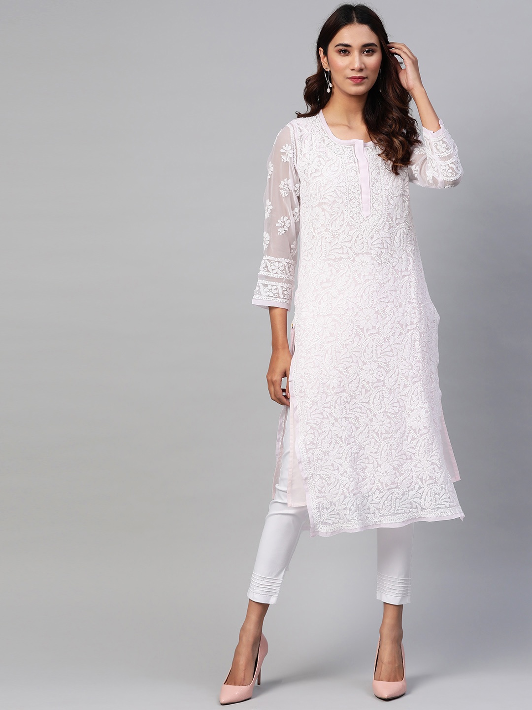 

ADA Women Pink & White Chikankari Embroidered Handloom Kurta with Trousers