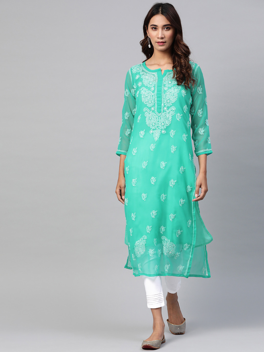 

ADA Women Sea Green & White Chikankari Embroidered Kurta with Trousers