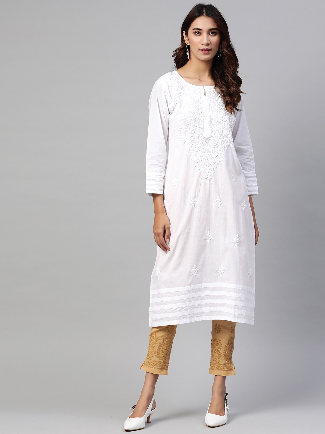 

ADA Women White & Beige Chikankari Embroidered Pure Cotton Handloom Kurta with Trousers