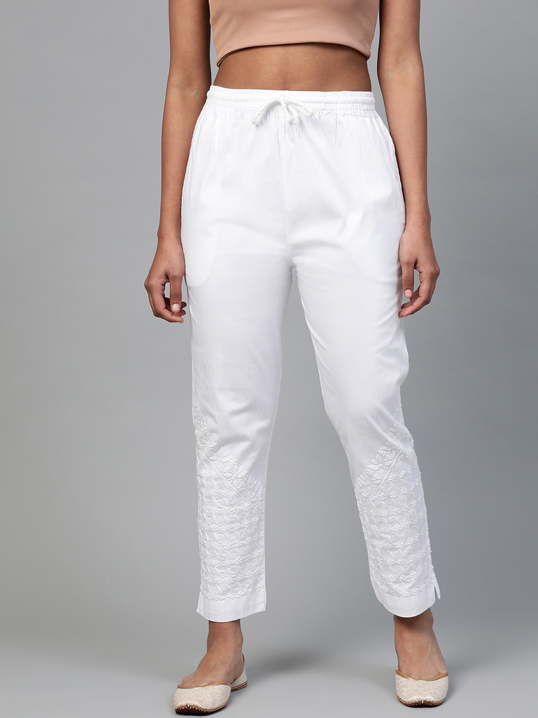 

ADA Women White Chikankari Hand Embroidered Pure Cotton Handloom Trousers