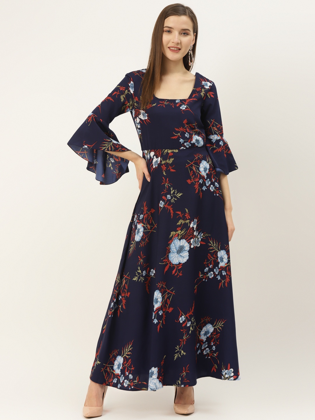 

Deewa Women Navy Blue & Coral Red Floral Printed Maxi Dress