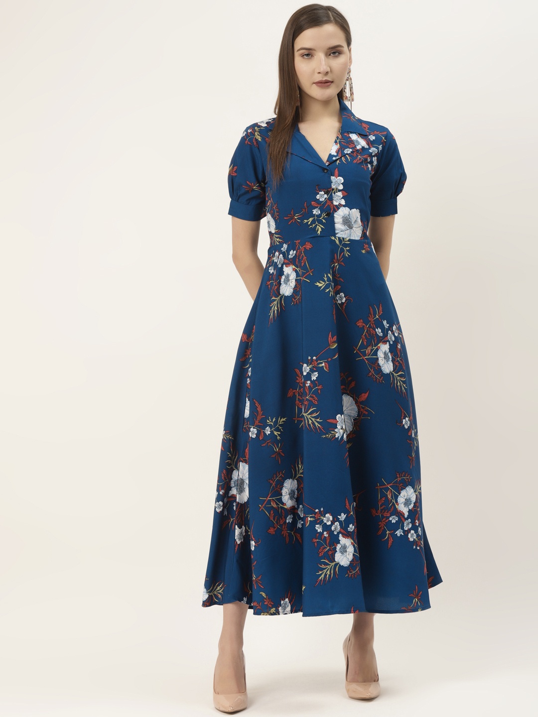 

Deewa Women Navy Blue & Coral Red Floral Printed Maxi Dress