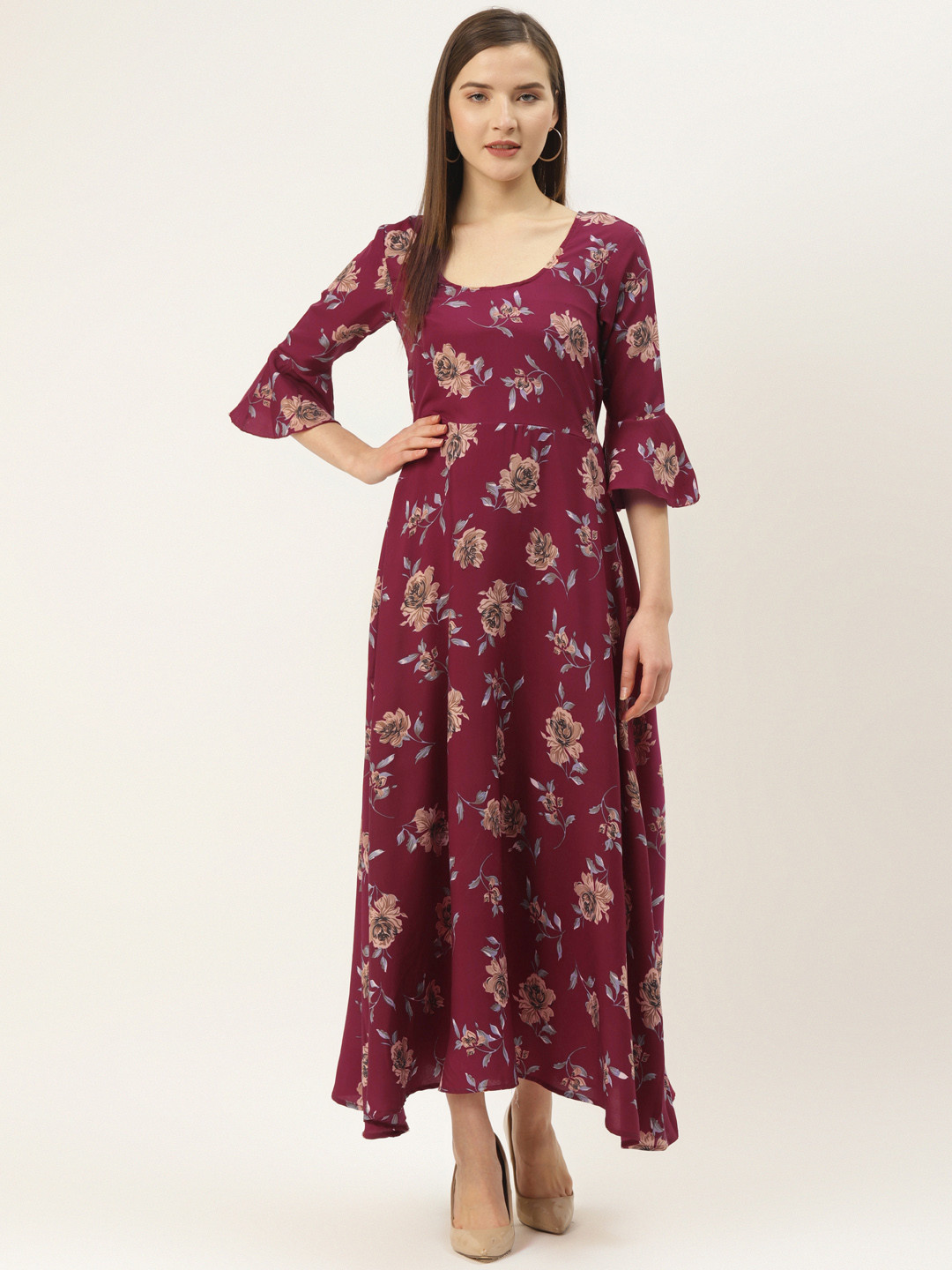 

Deewa Women Burgundy & Beige Floral Print Maxi Dress