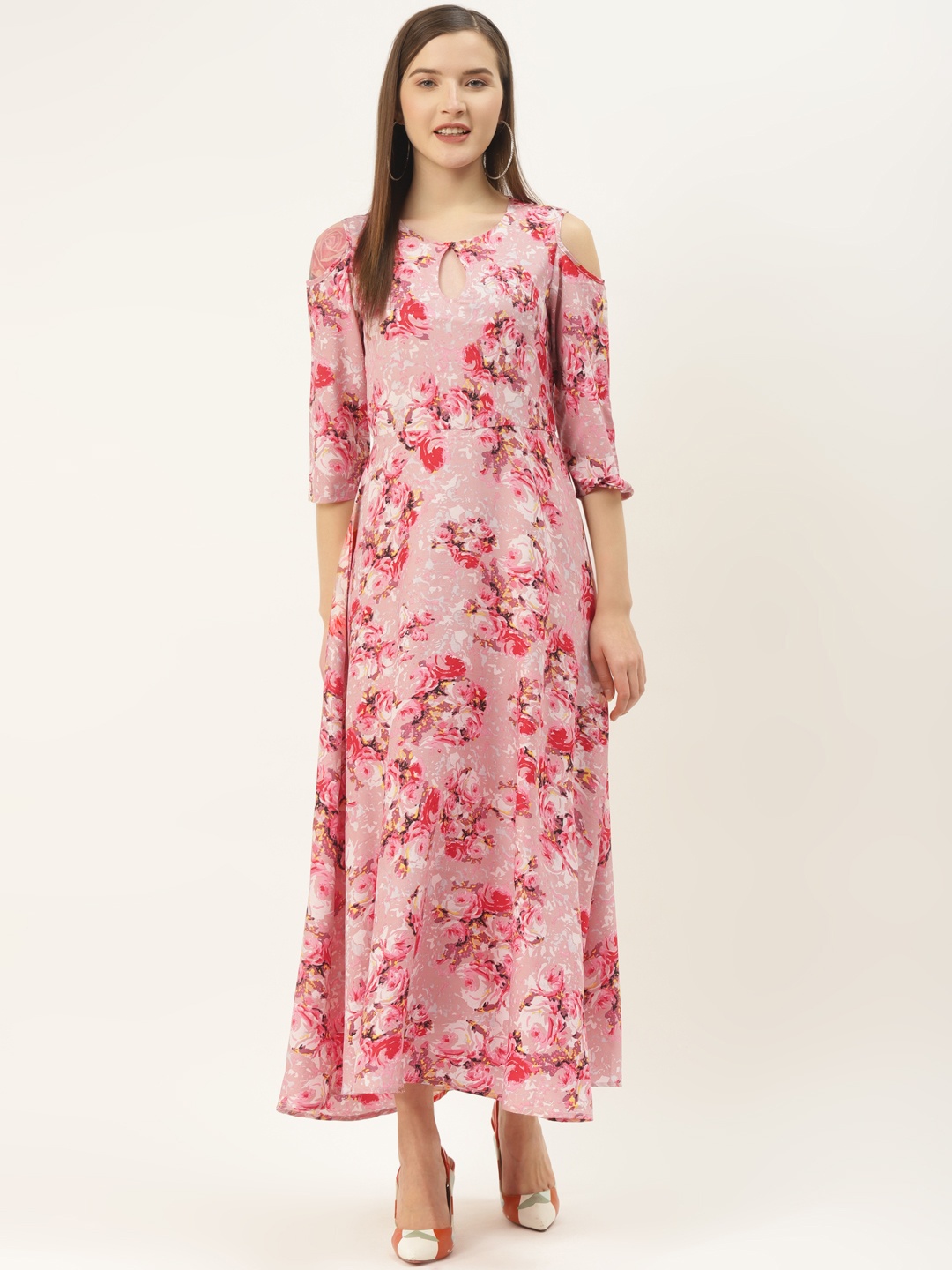 

Deewa Women Mauve & Pink Floral Printed Cold-Shoulder Maxi Dress