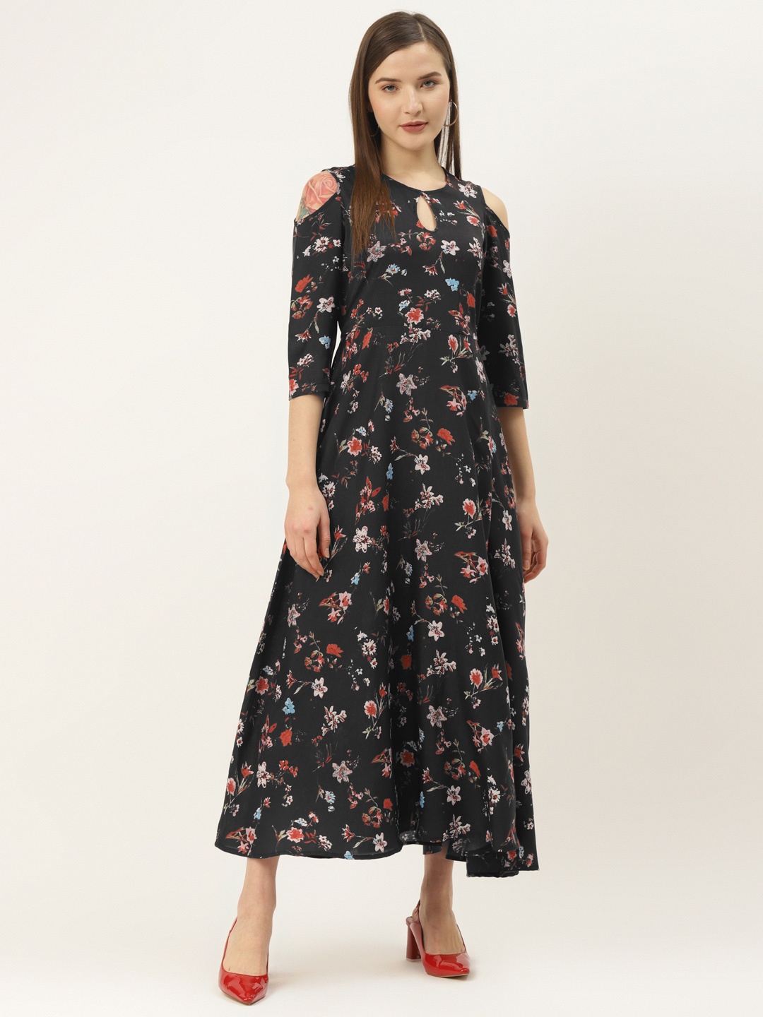

Deewa Women Black & Red Floral Printed Cold-Shoulder Maxi Dress