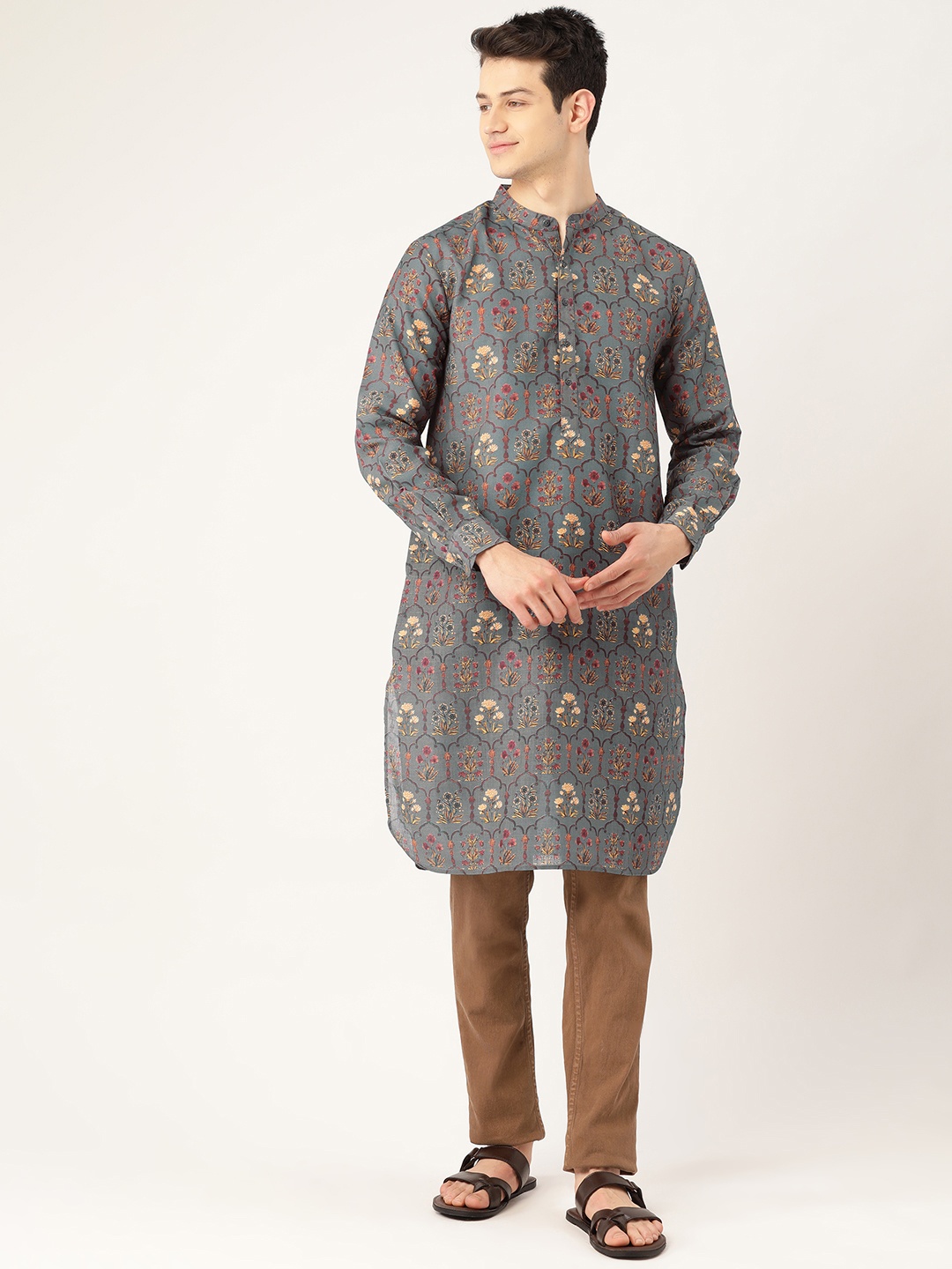 

Style Quotient Men Grey & Brown Printed Straight Kurta