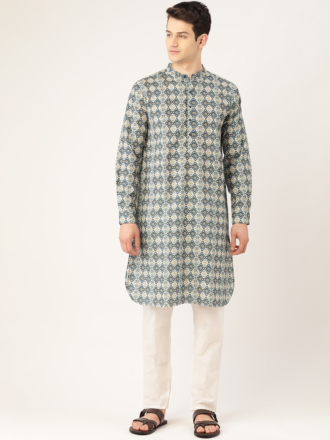 

Style Quotient Men White & Navy Blue Printed Straight Kurta