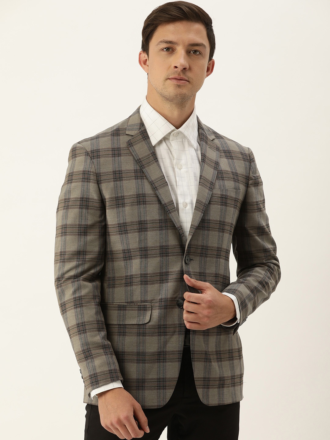 

Peter England Men Grey & Black Checked Neo Slim Fit Formal Blazer