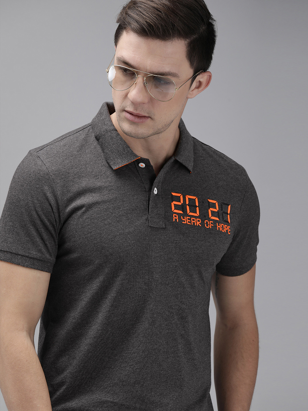 

Arrow Sport Men Charcoal Grey Printed Polo Collar T-shirt