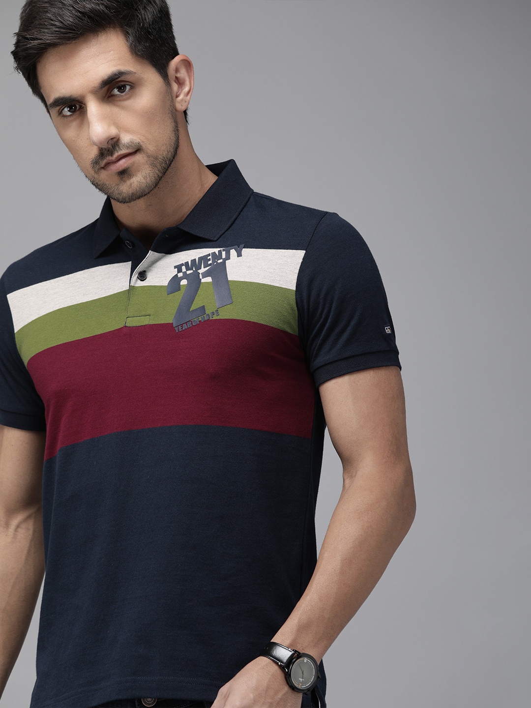 

Arrow Sport Men Navy Maroon Pure Compact Cotton Striped Polo Collar Pure Cotton T-shirt, Navy blue