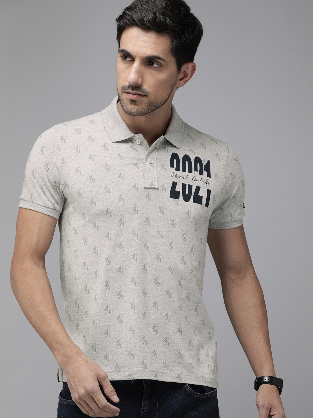 

Arrow Sport Men Grey Melange & Black Printed Polo Collar T-shirt