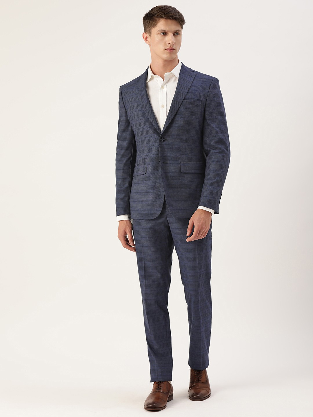 

Peter England Navy Blue and Black Striped Neo Slim Fit Single Breasted Formal Suit