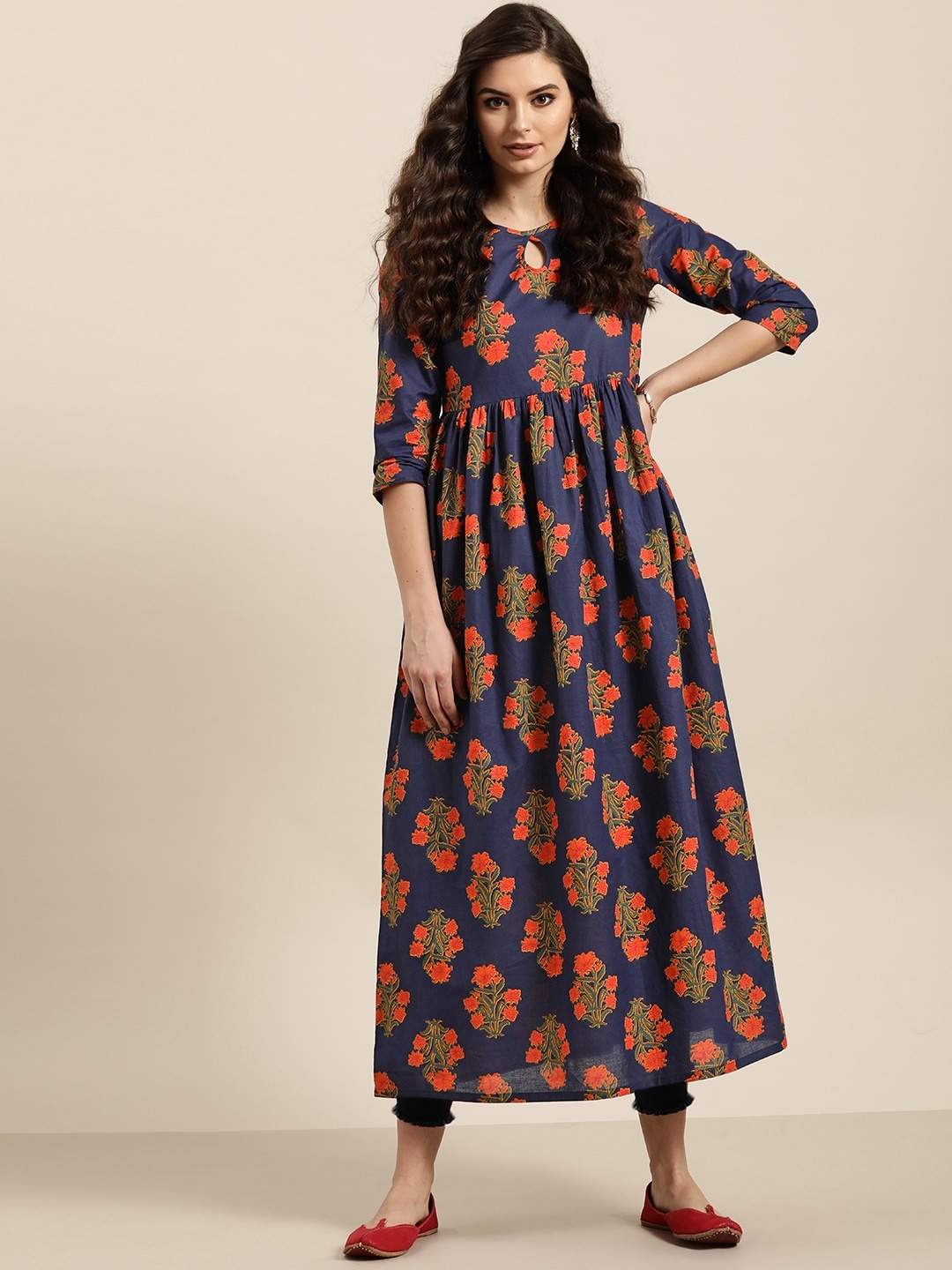 

Sangria Women Blue & Orange Ethnic Print A-Line Kurta