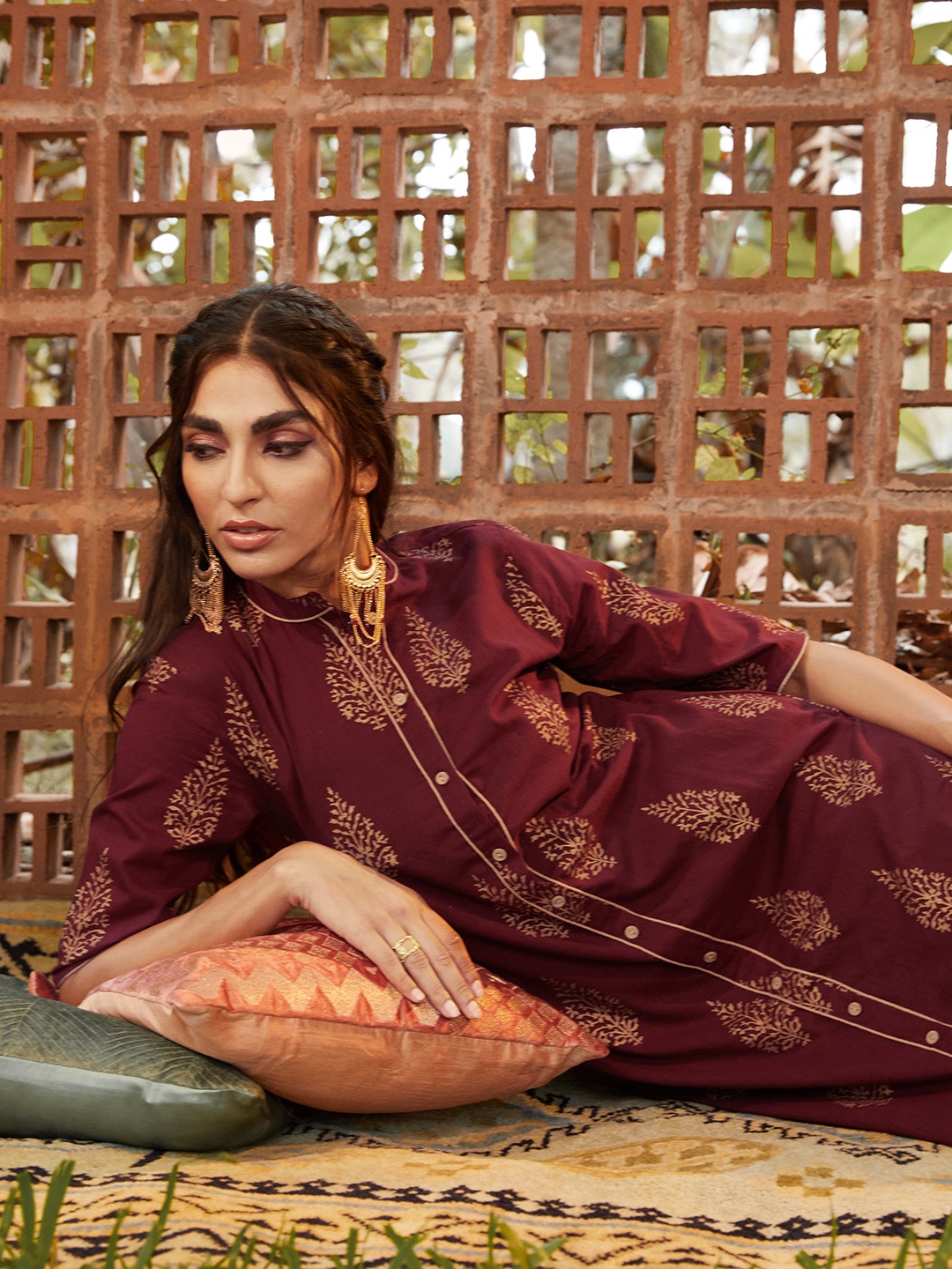 

Sangria Women Maroon & Golden Pure Cotton Printed Kurta with Palazzos