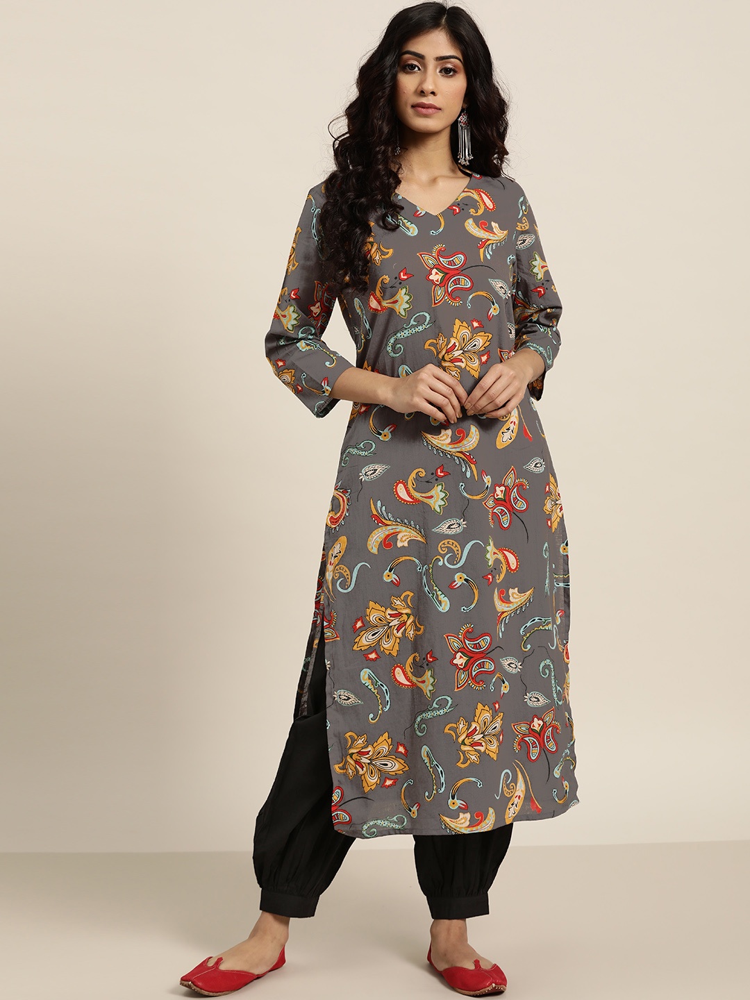 

Sangria Women Grey & Black Pure Cotton Printed Kurta with Salwar