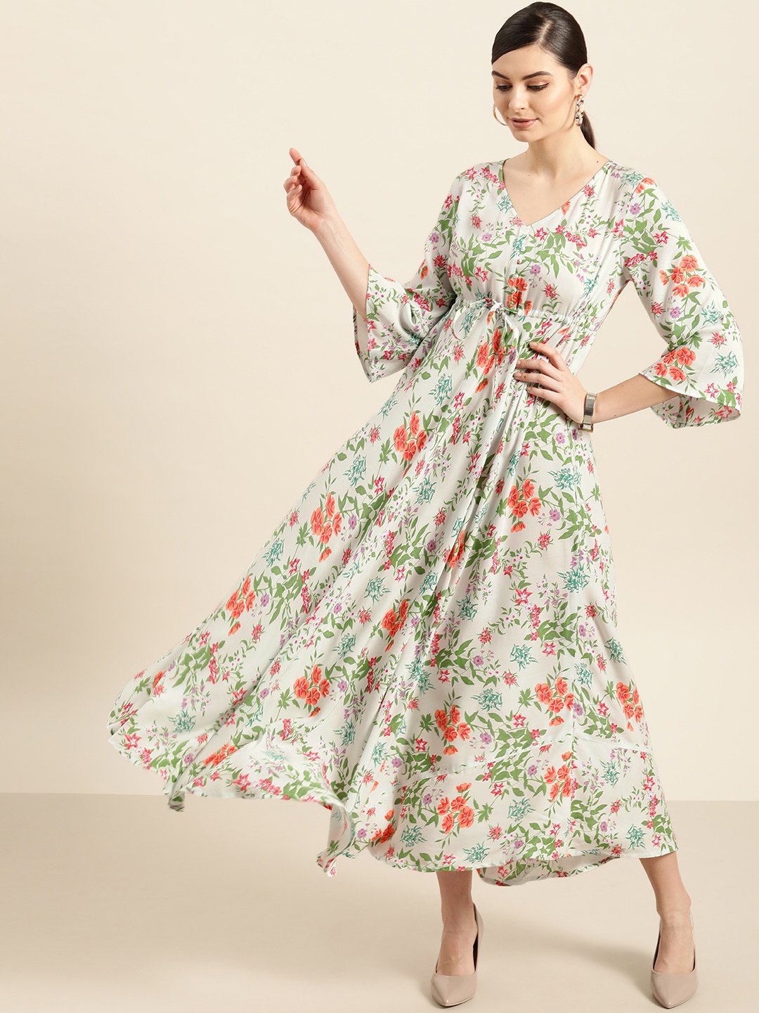 

Sangria Women Green and Peach-coloured Floral Printed Anarkali Empire Kurta