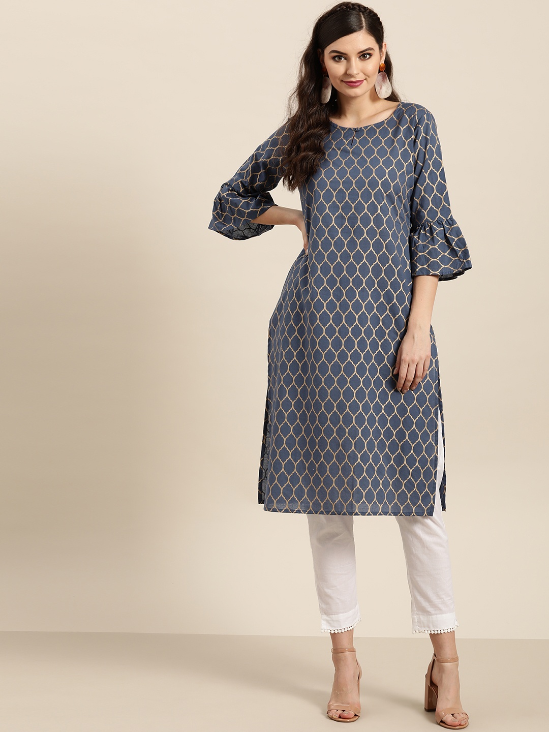 

Sangria Women Blue & Golden Ethnic Print Cotton Straight Kurta