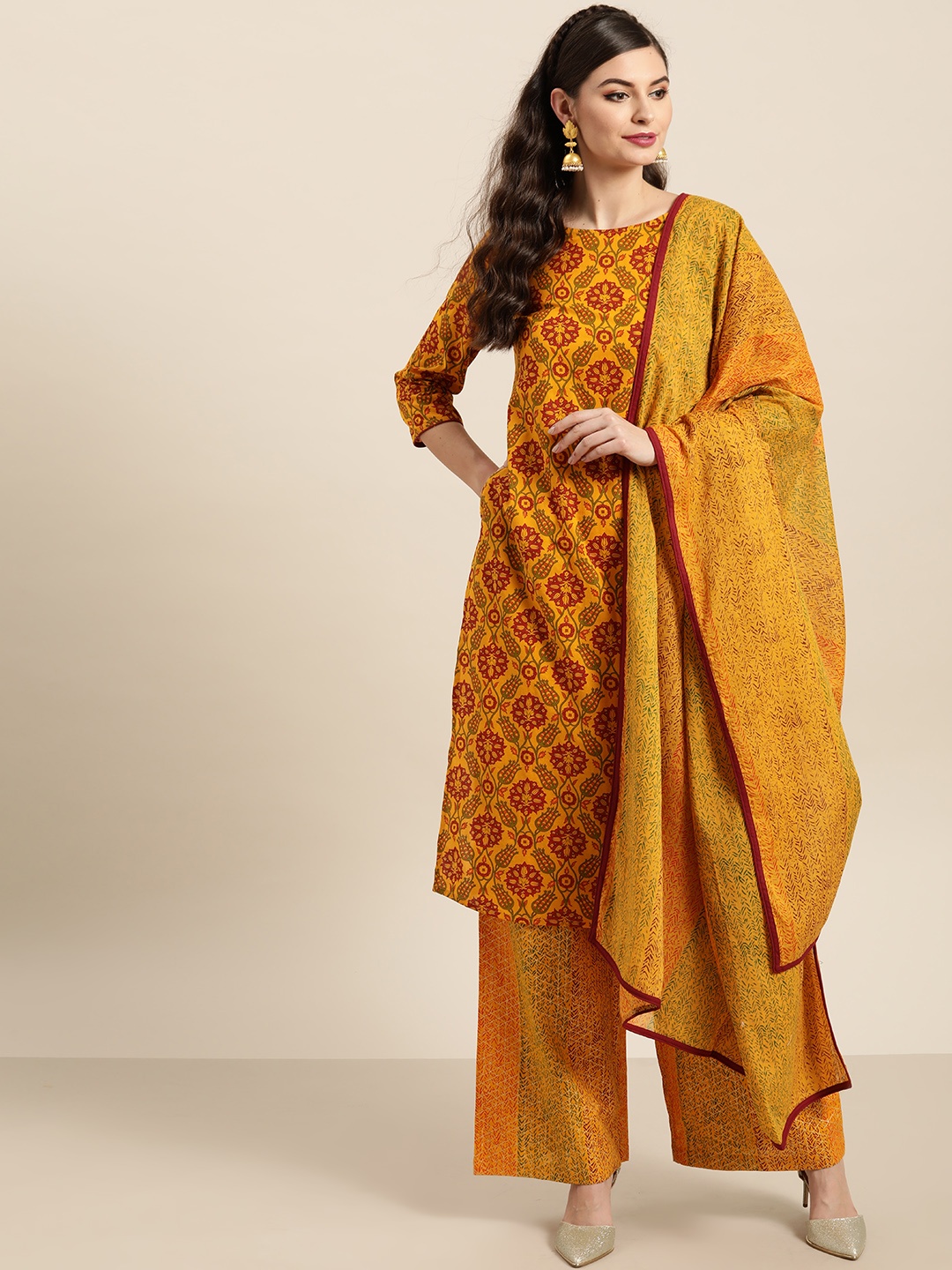 

Sangria Women Mustard Yellow & Red Pure Cotton Printed Kurta with Palazzos & Dupatta