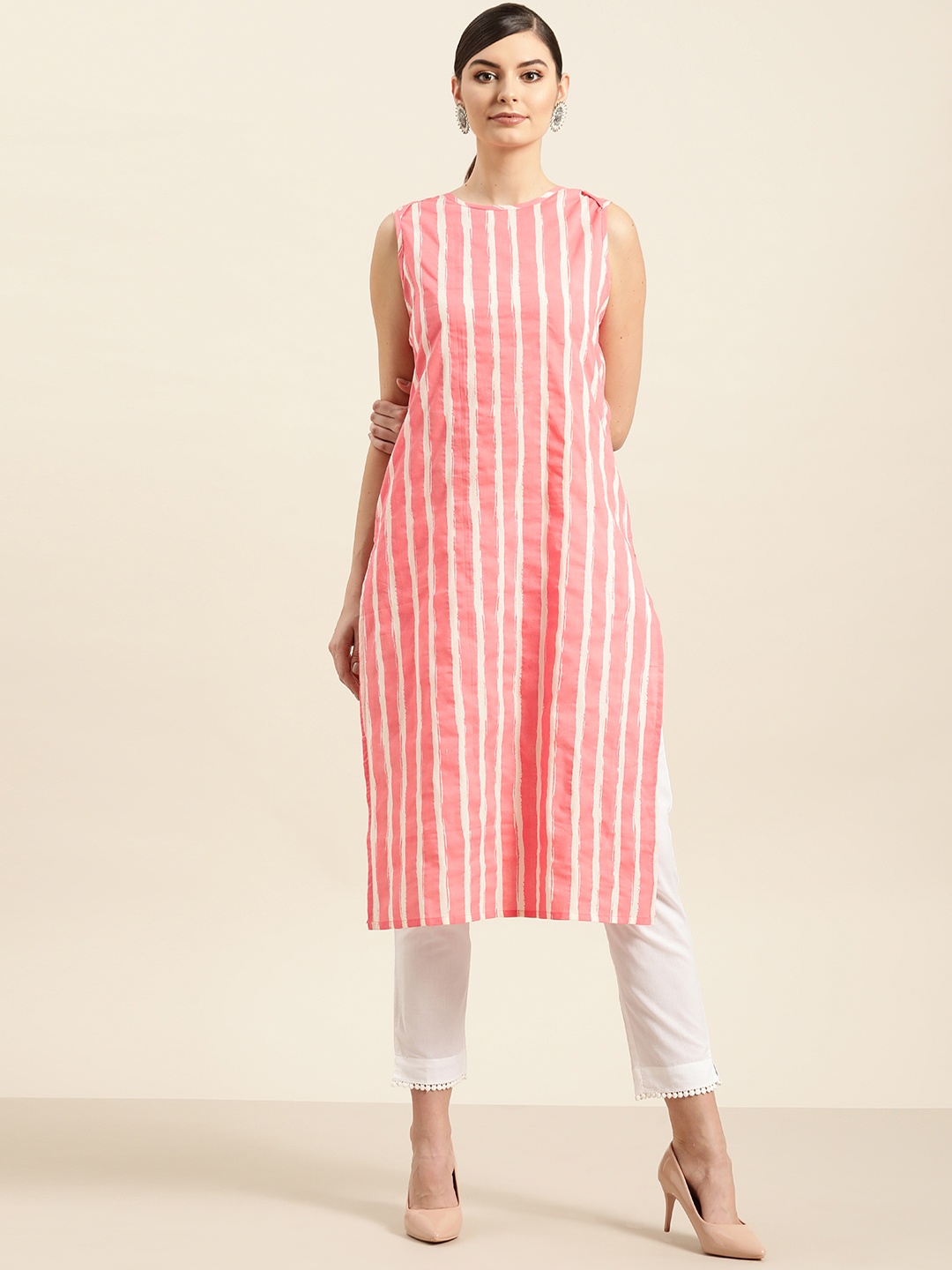 

Sangria Women Pink & White Striped Straight Kurta