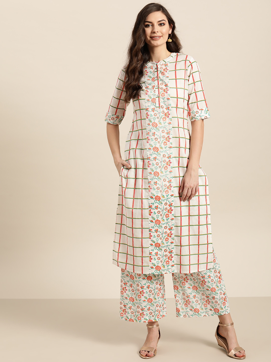 

Sangria Women White & Coral Orange Pure Cotton Checked Kurta with Palazzos