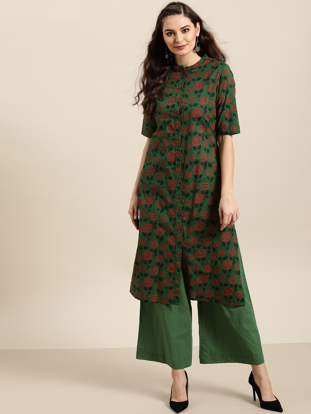 

Sangria Women Green & Red Pure Cotton Printed Kurta with Palazzos