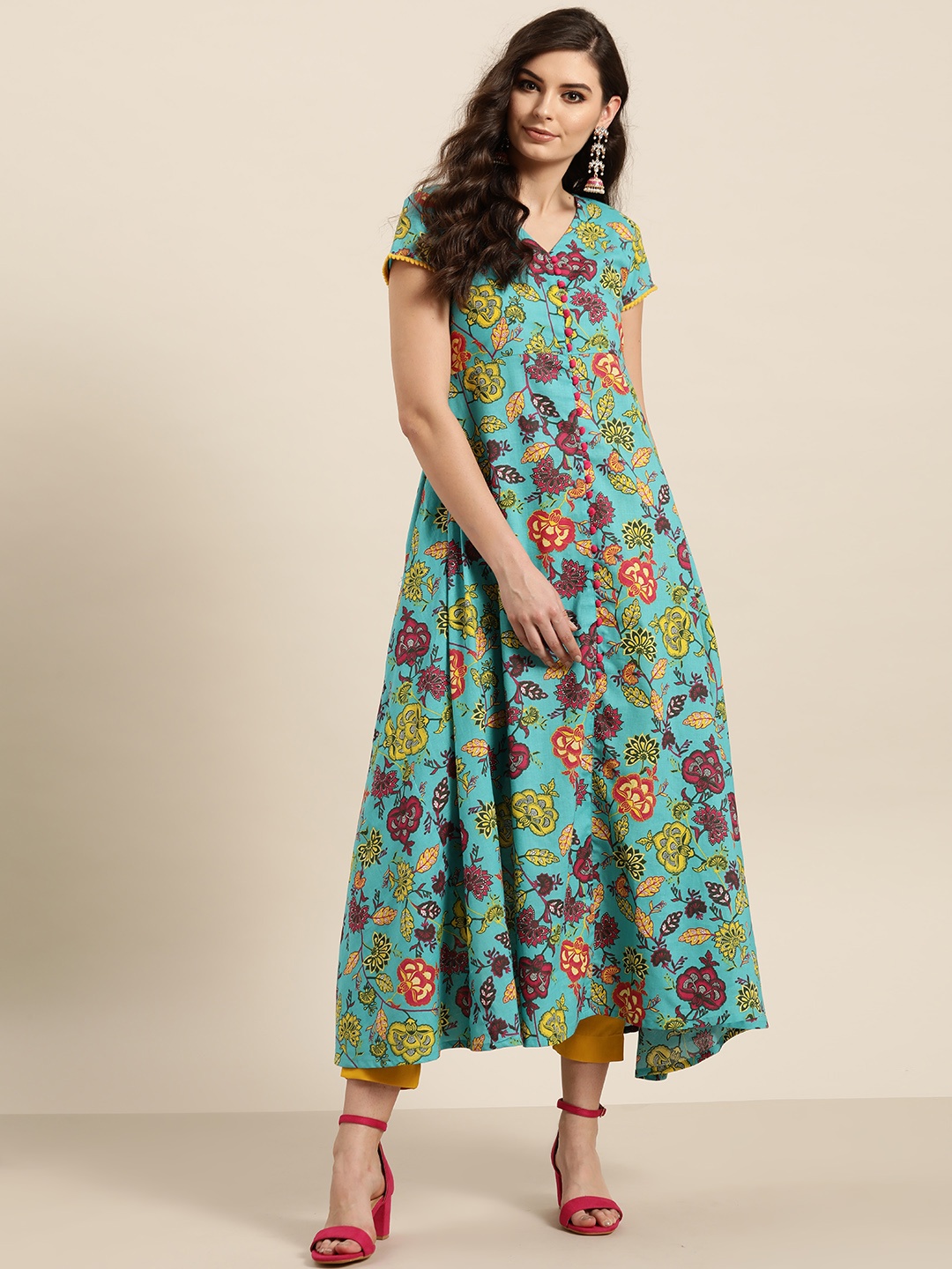 

Sangria Women Green & Mustard Yellow Pure Cotton Floral Printed A-Line Kurta