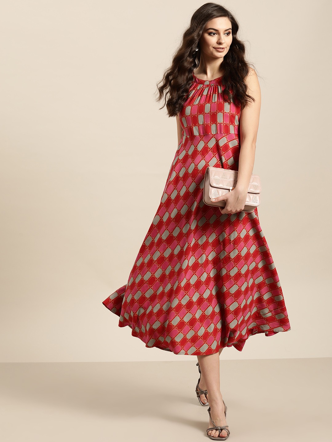 

Sangria Women Red & Grey Printed Fit and Flare Dress