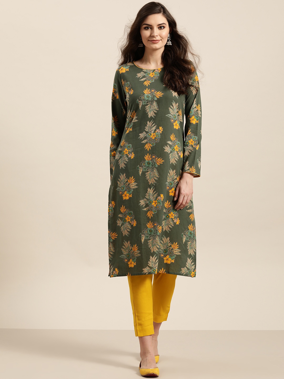 

Sangria Women Olive Green & Mustard Yellow Pure Cotton Floral Printed Kurta