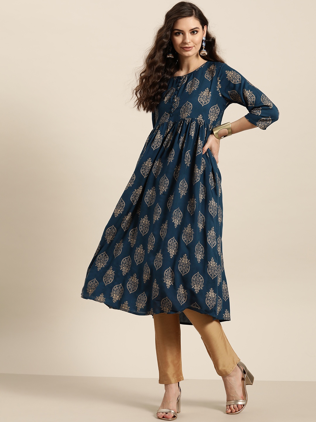 

Sangria Women Blue & Golden Ethnic Print A-Line Kurta