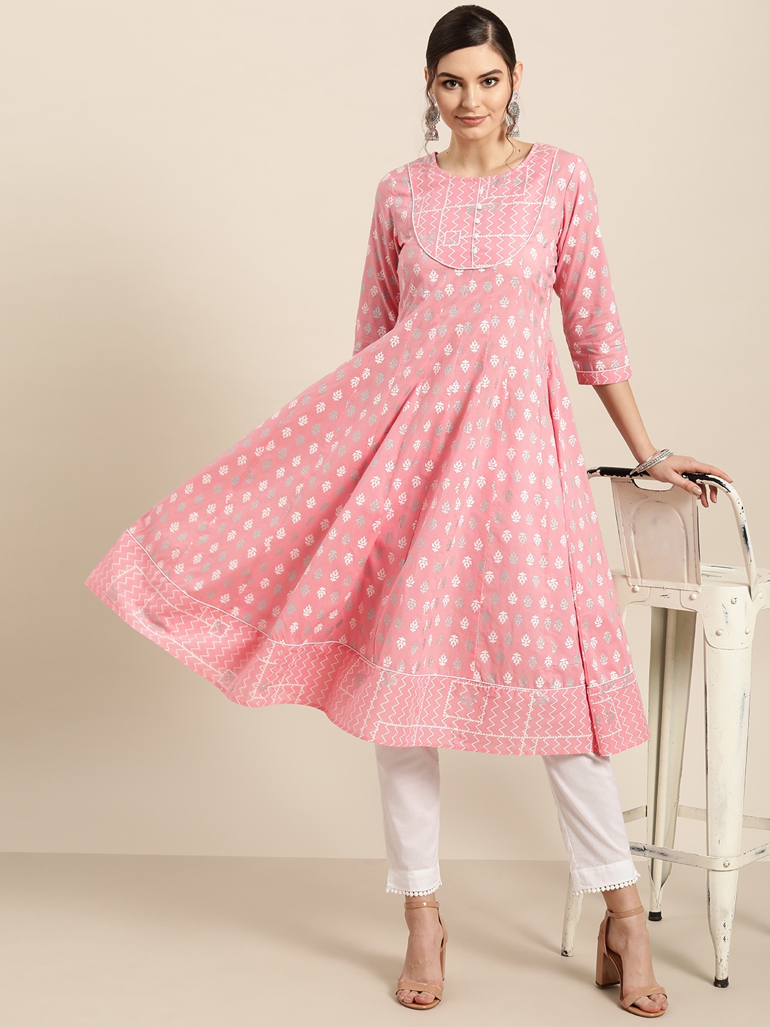 

Sangria Women Pink & White Pure Cotton Printed Anarkali Kurta