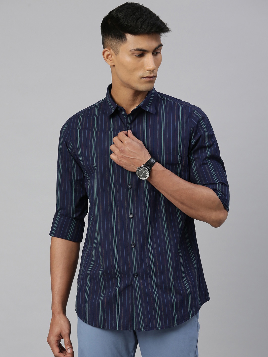 

Allen Solly Men Navy Blue & Sea Green Modern Fit Striped Casual Shirt