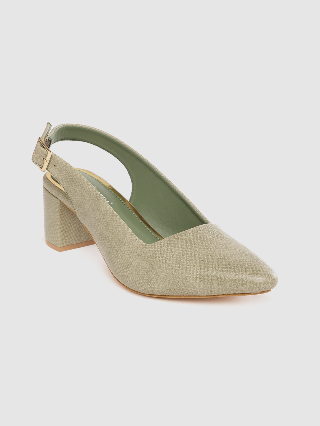 

DressBerry Women Olive Green Snakeskin Textured Block Heeled Mules