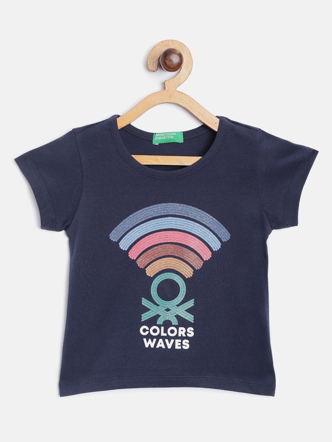 

United Colors of Benetton Girls Navy Blue Pure Cotton Brand Logo Print Round Neck T-shirt