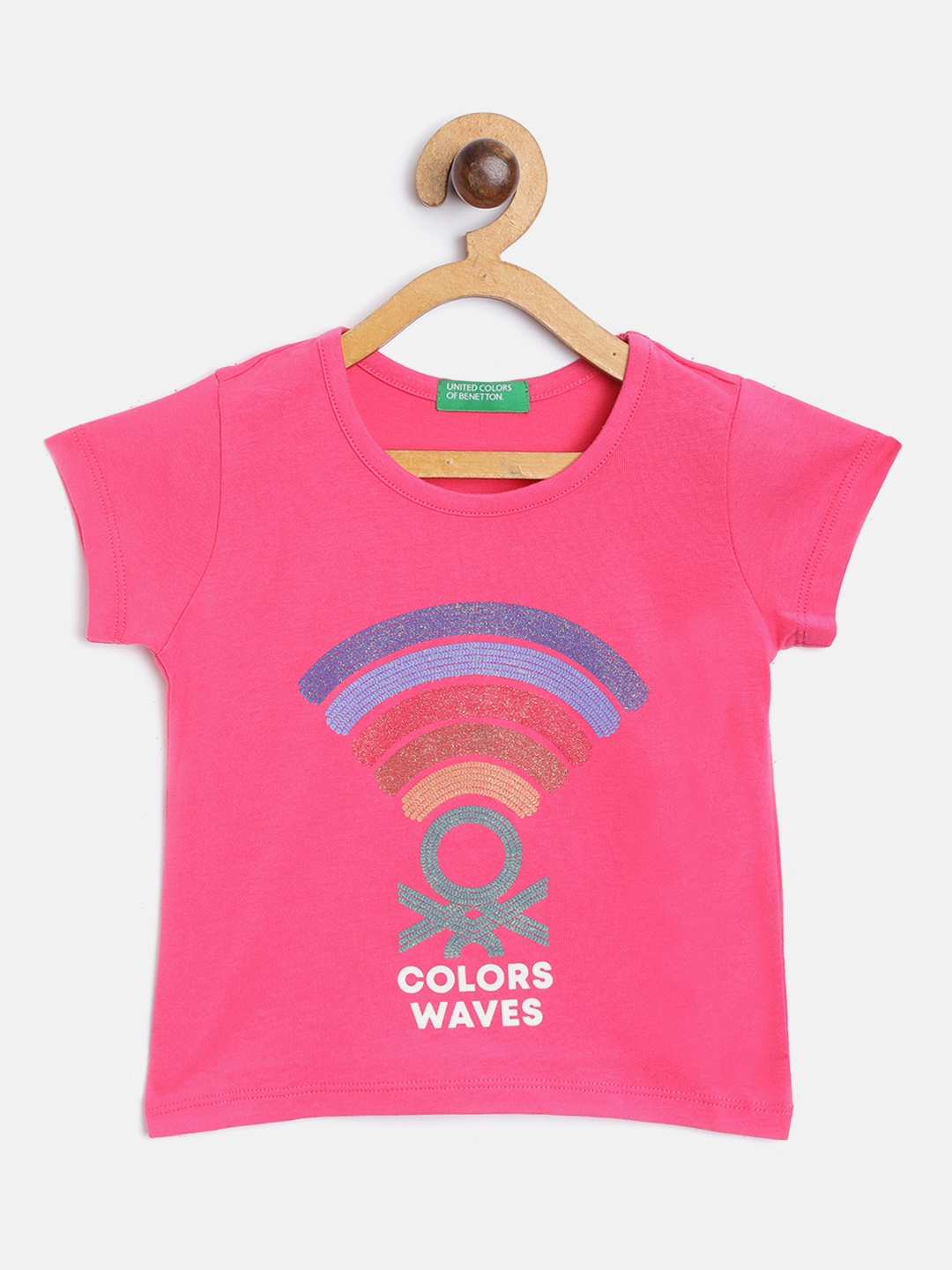 

United Colors of Benetton Girls Pink Pure Cotton Shimmer Printed Round Neck T-shirt