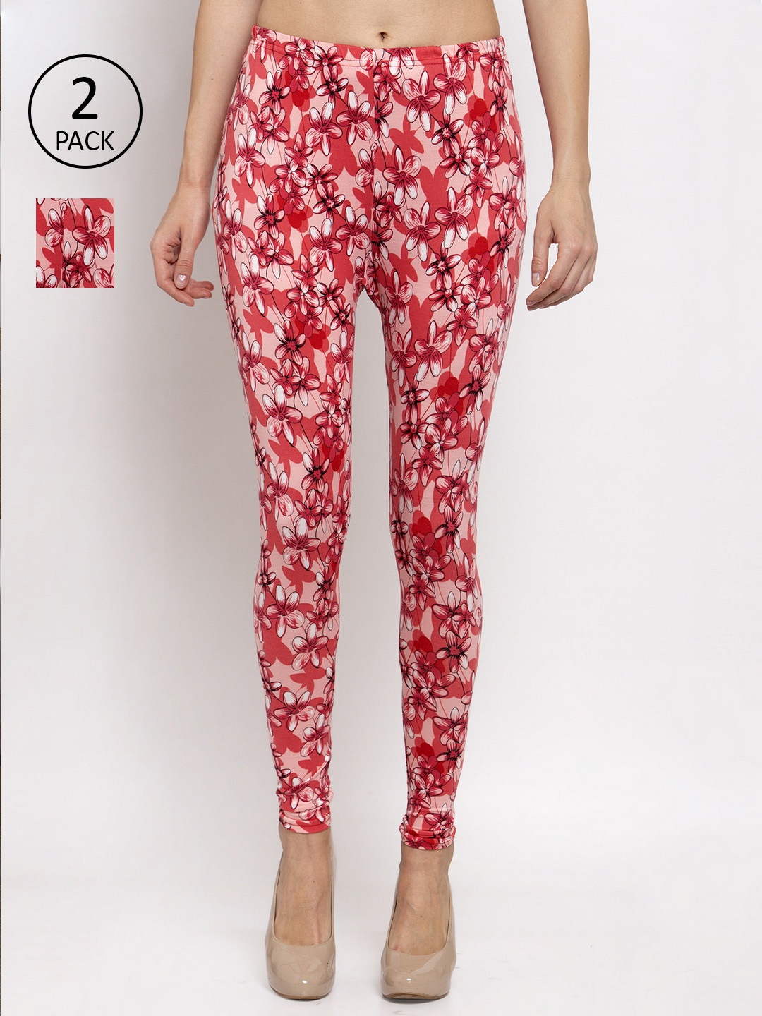 

KLOTTHE Women Pack of 2 Red & Pink Printed Ankle-Length Leggings