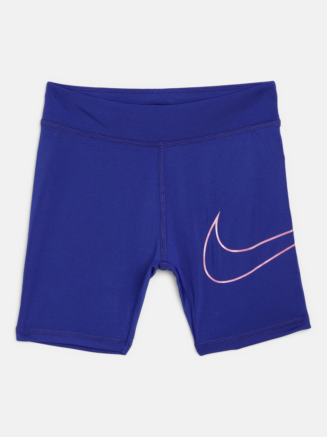 

Nike Girls Blue Solid Dri-FIT High Rise Biker Shorts with Branding Detail