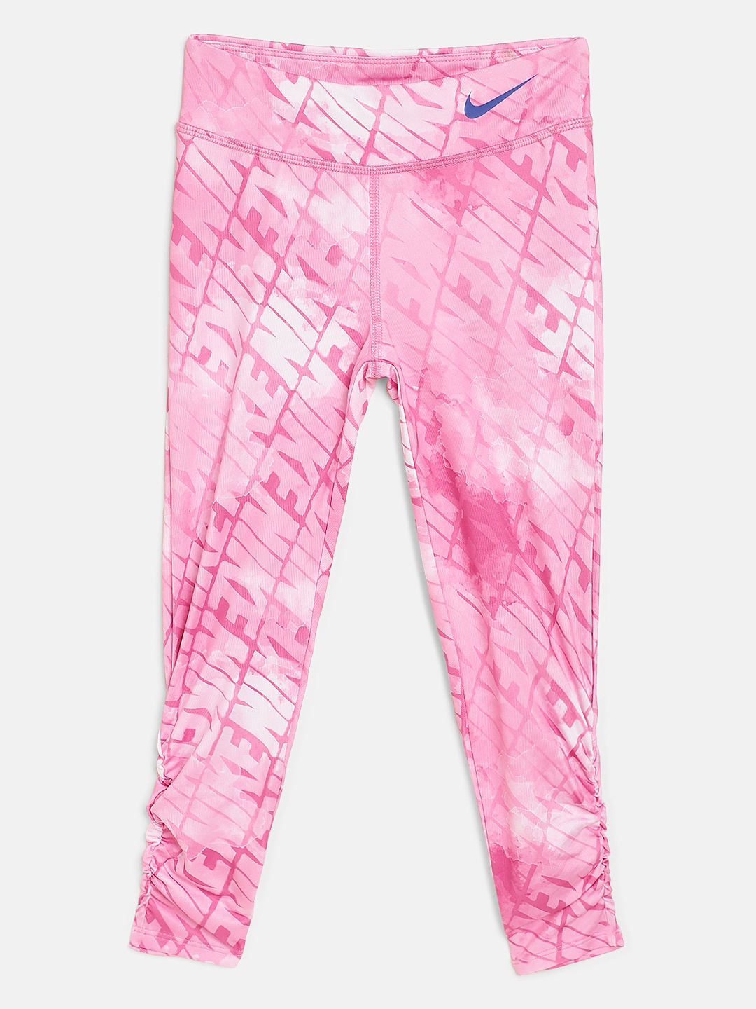 

Nike Girls Pink & White Dri-FIT Watercolor Brand Logo Print Ruched Tights