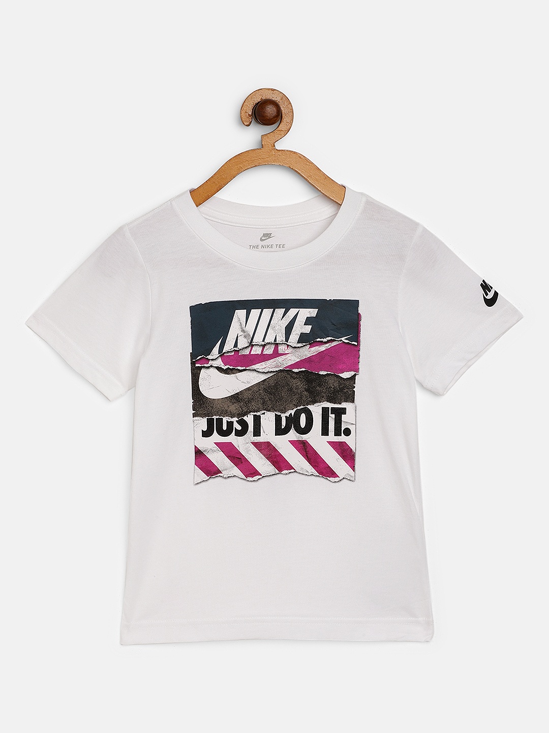 

Nike Boys White Grey Brand Logo Print Shoe Box Tears Round Neck Pure Cotton T-shirt