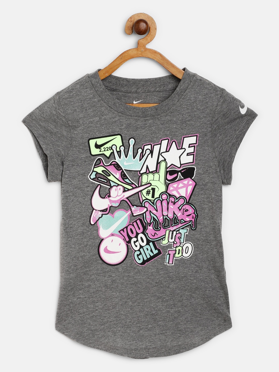 

Nike Girls Charcoal Grey & Pink Sticker Pack Print Round Neck Scoop T-shirt