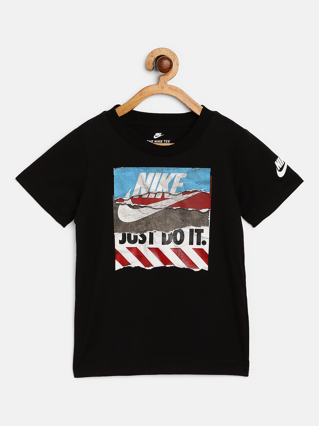

Nike Boys Black Blue Pure Cotton Brand Logo Print Shoe Box Tears Round Neck Pure Cotton T-shirt