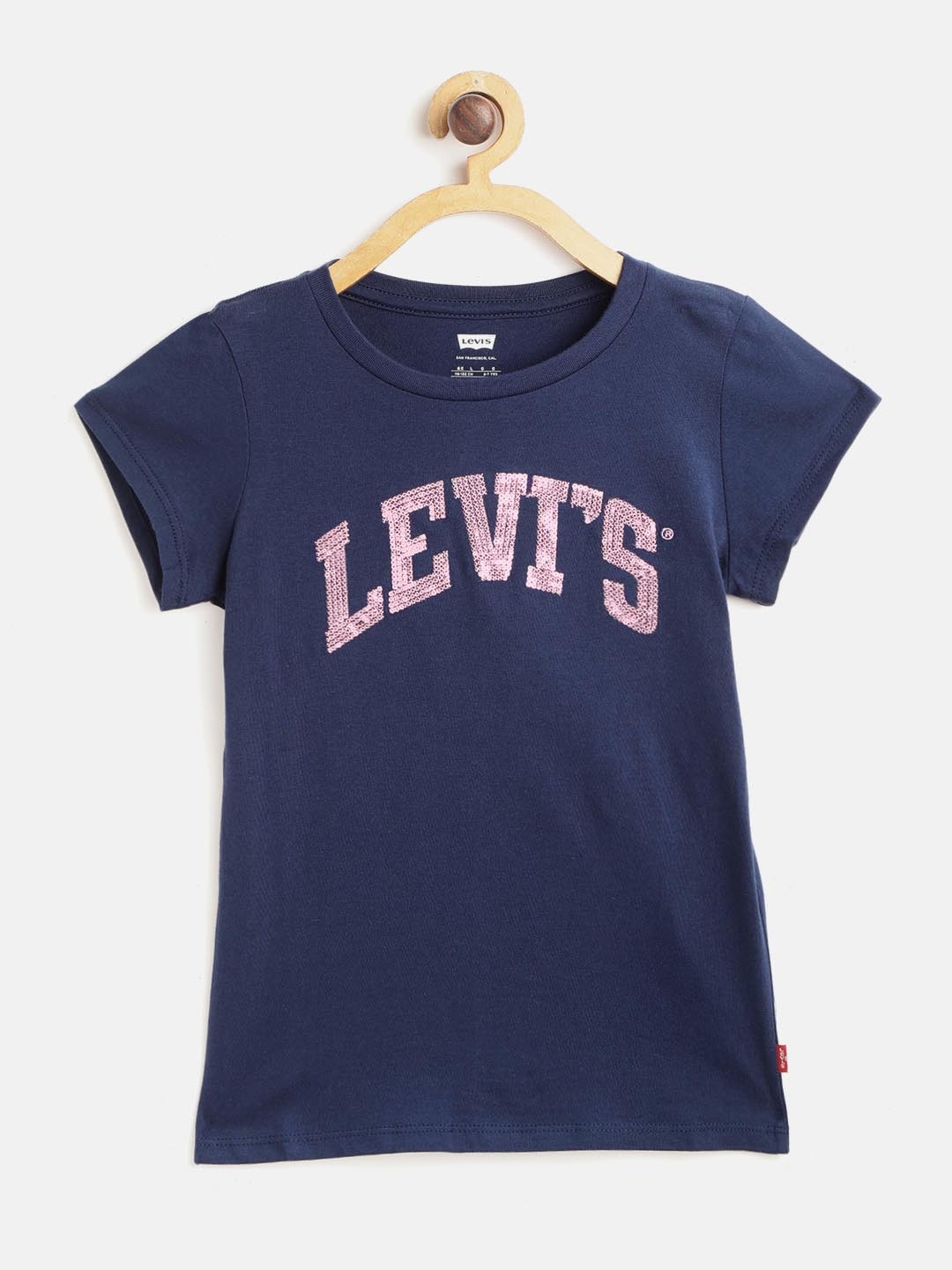 

Levis Girls Navy Blue Pink Brand Logo Sequinned Round Neck Pure Cotton T-shirt