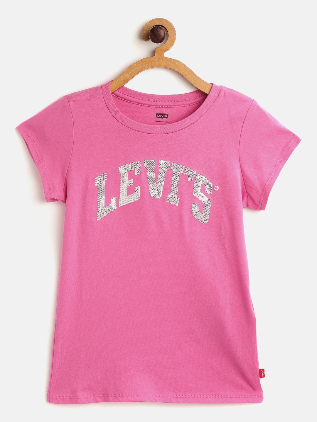 

Levis Girls Pink Silver Brand Logo Sequinned Round Neck Pure Cotton T-shirt