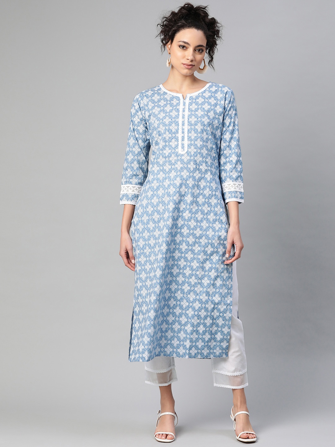 

Indo Era Women Blue & White Pure Cotton Khari Printed Kurta with Trousers