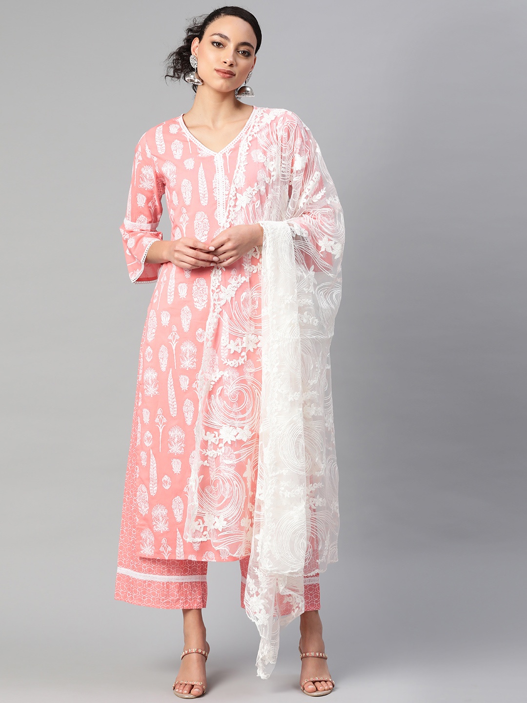 

Indo Era Women Pink & White Pure Cotton Foil Printed Kurta with Palazzos & Dupatta