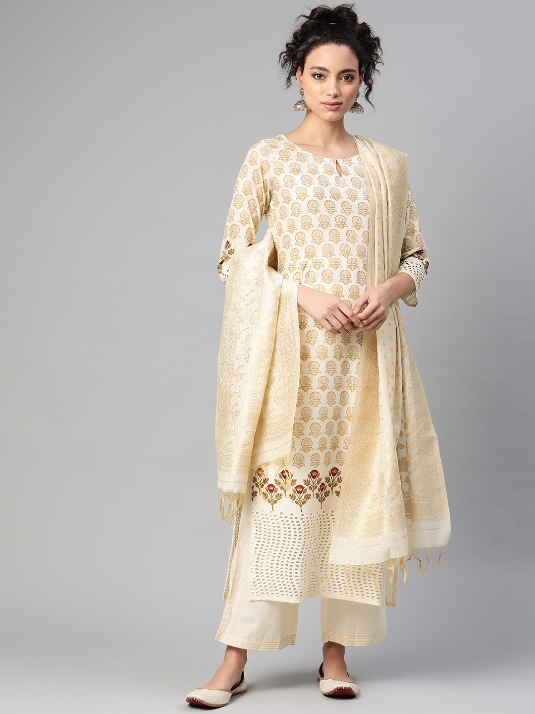 

Indo Era Women Cream-Coloured & Beige Pure Cotton Foil Print Kurta with Palazzos & Dupatta