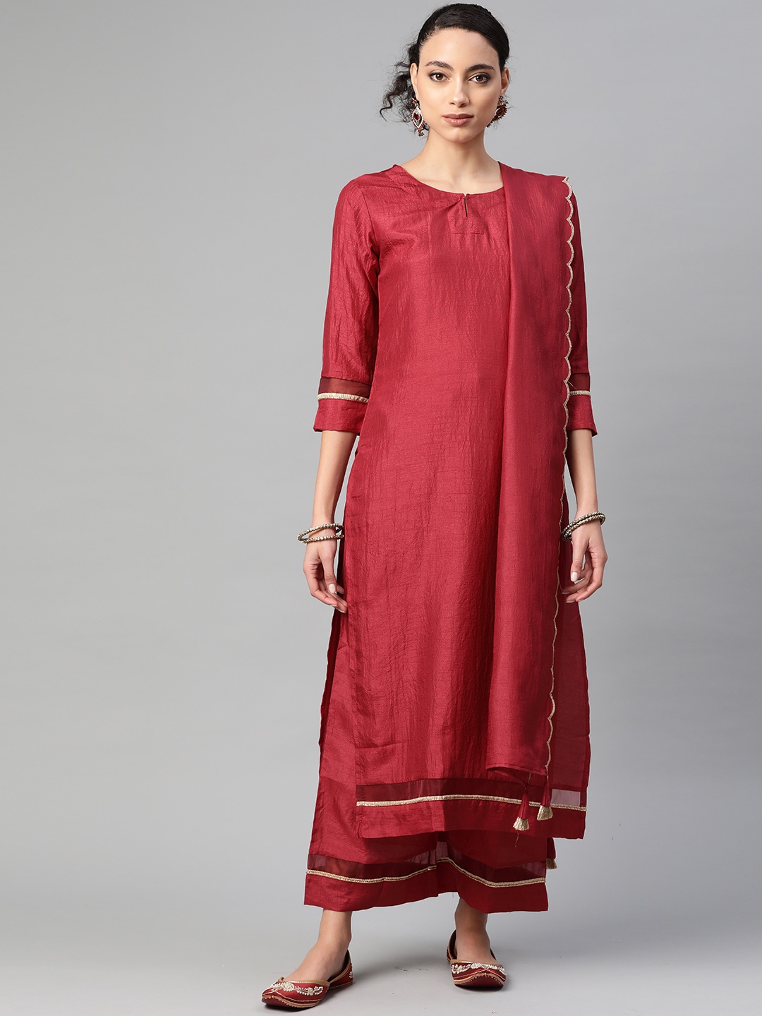 

Indo Era Women Maroon Solid Kurta with Palazzos & Dupatta