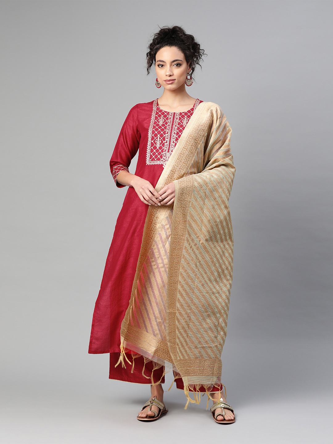 

Indo Era Women Maroon & Golden Zari Embroidered Kurta with Palazzos & Dupatta